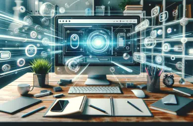 Pracovní prostor s počítačem zobrazujícím rozhraní Elementoru, obklopený symboly různých rozšíření pro Elementor, představující kreativní a technologicky pokročilé prostředí pro web design.